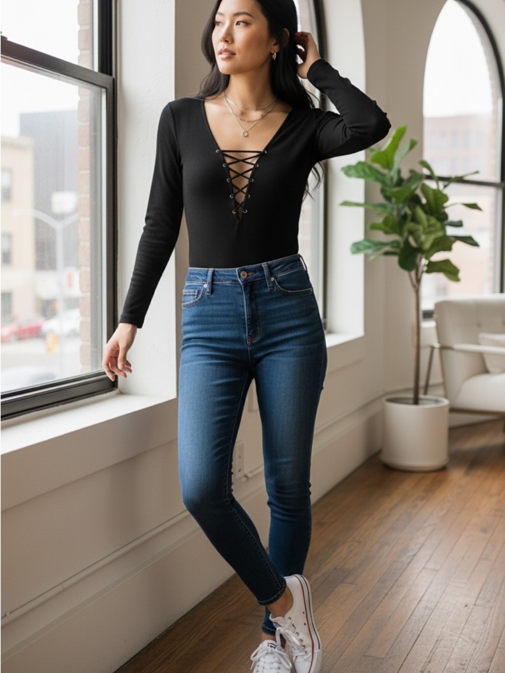 Express Black Lace-Up Long Sleeve Bodysuit